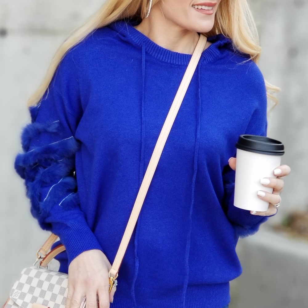 Blue Sweater Top with Hoodie and Fur details - Picture 4 of 4